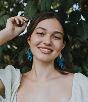 Chameli Chandelier Earrings - Teal Patina, Gold Petals