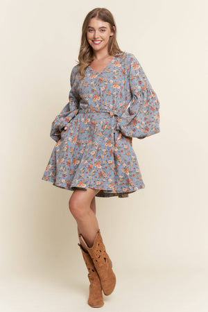 Floral Print Balloon Sleeve Denim Dress