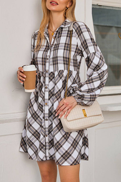 SALE Plaid Bubble Sleeve Shirt Mini Dress