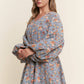 Floral Print Balloon Sleeve Denim Dress