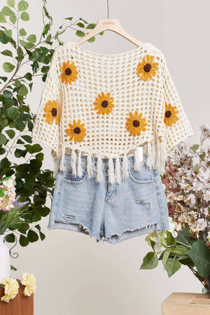 Boat Neck Fishnet SunFlower Top with Fringe detail