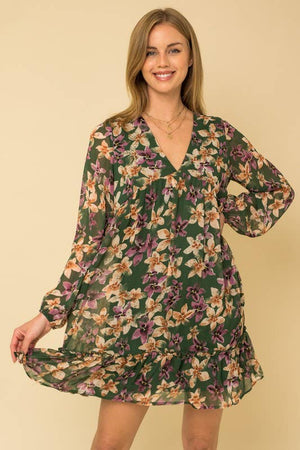 Long Sleeve Merrow Hem Floral Dress