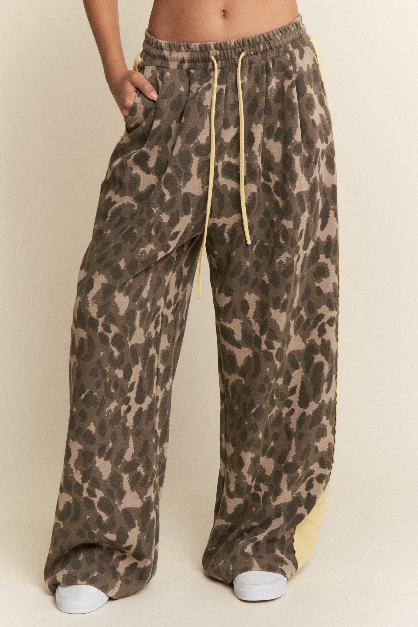 Leopard Print Solid Stripe Wide Leg Bottoms