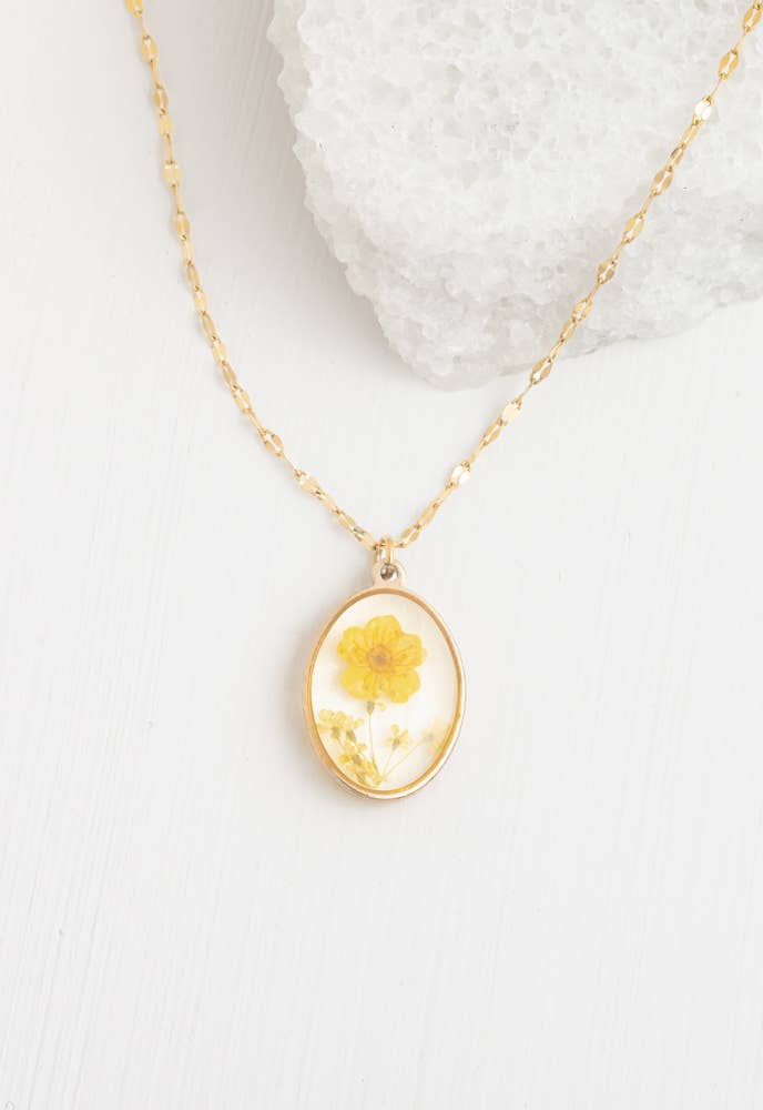 In Bloom Necklace- 14K Gold Plated Resin Floral Oval Pendant Necklace