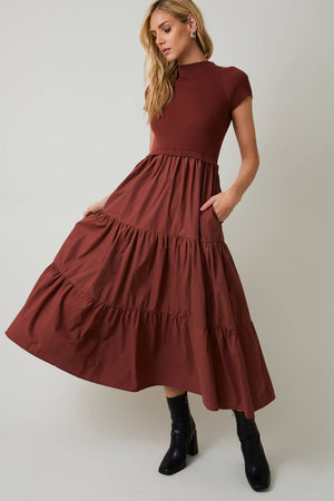 Mock Neck Knit & Woven Mixed Monochromatic Dress