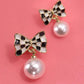 Checkered Bow Pearl Drop Earrings