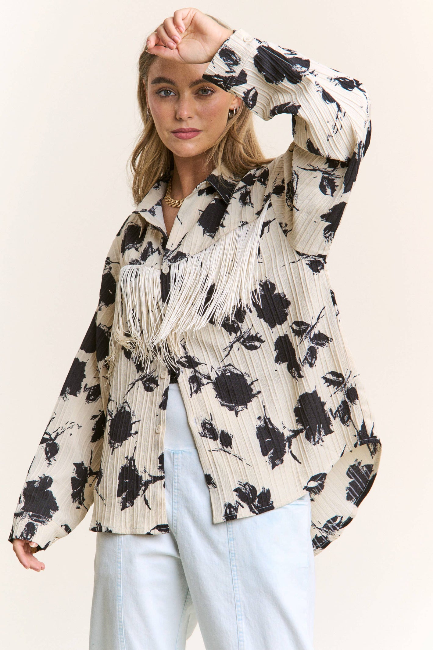 The Reba Floral Fringe Button Up Blouse