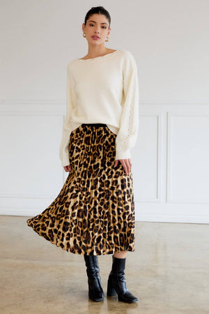 Leopard Print Pleated Midi Skirt