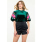 Velvet Embroidered Detail Puff Sleeve Top