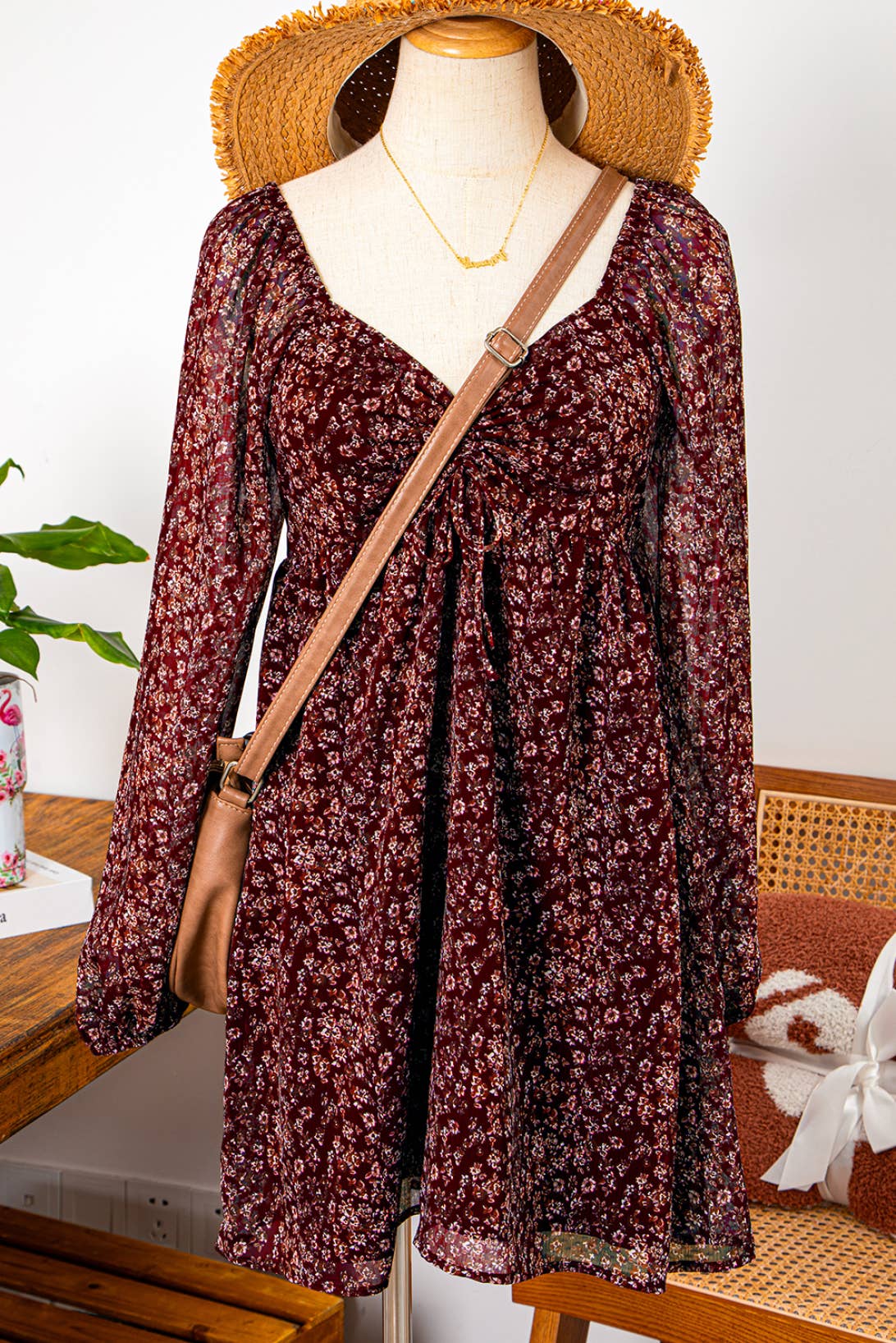 SALE Fall Floral Sweetheart Neck Shirred Back Mini Dress